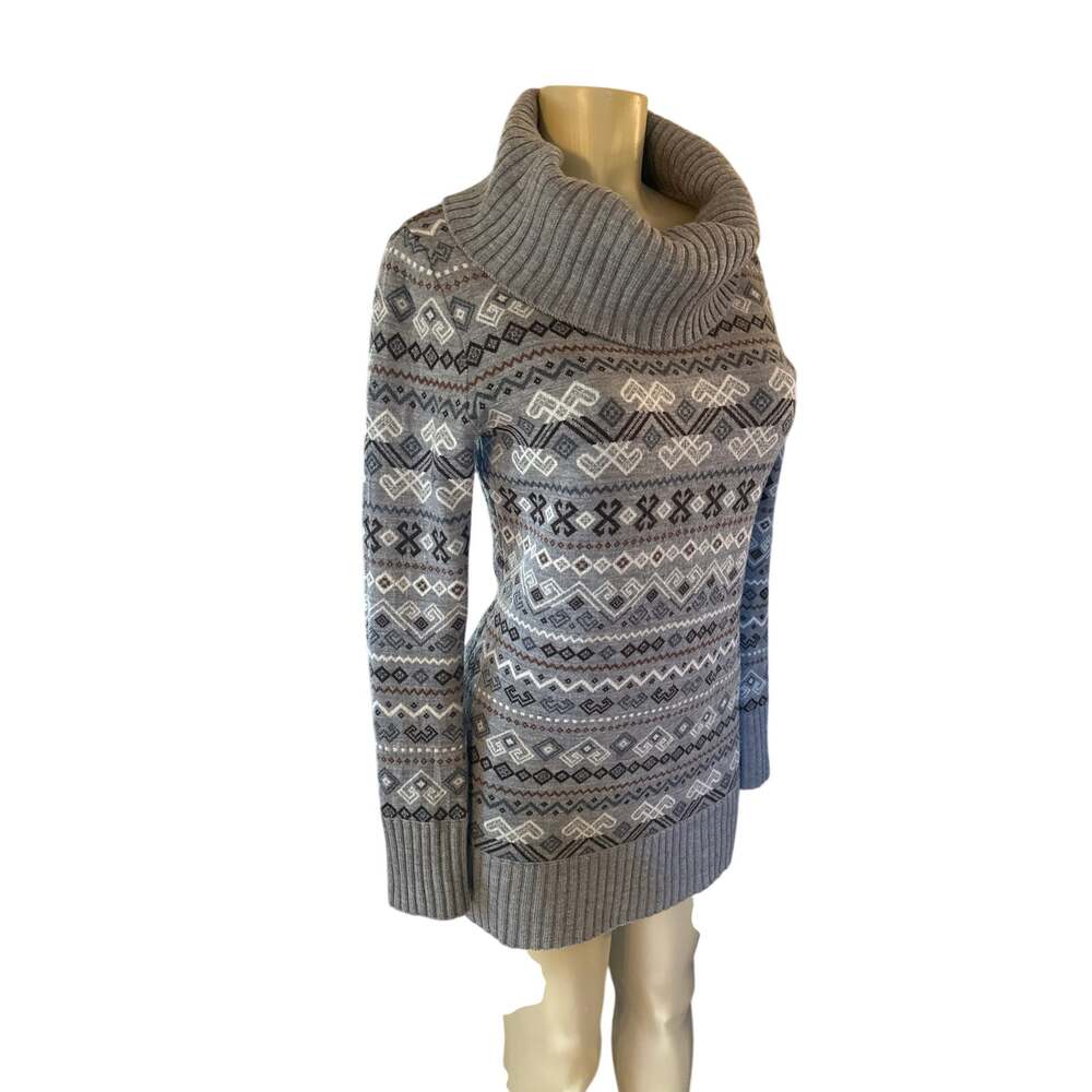 Women M Krimson Klover Gray 100% Merino Wool Fair Isle Cowl Sweater Dress Tunic